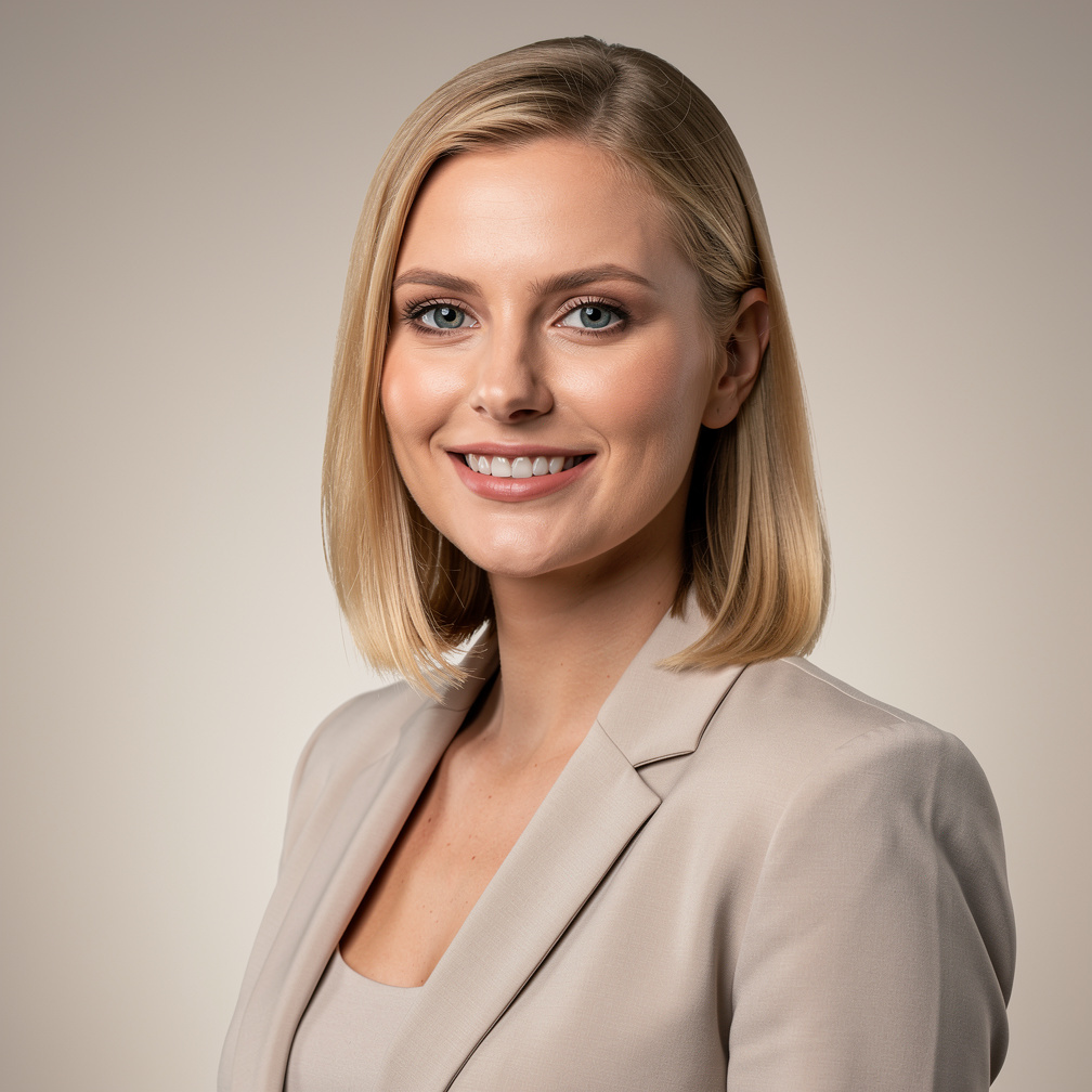 Blonde woman smiling in studio portrait